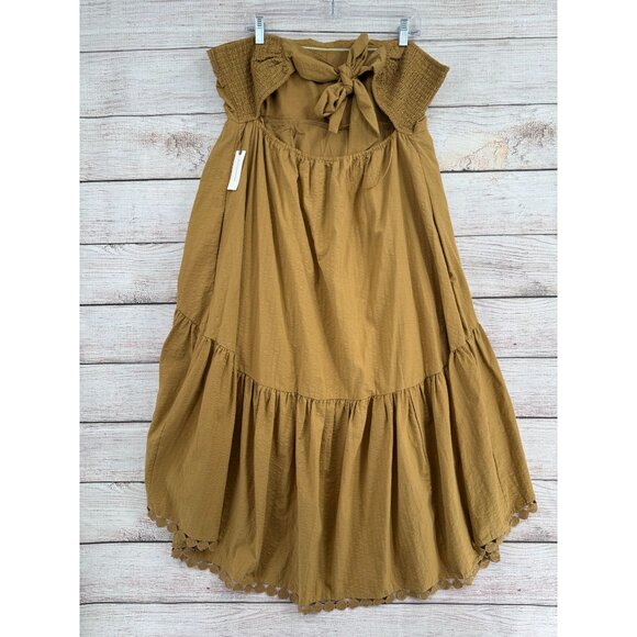 Maeve Anthropologie High Low Strapless Midi Dress Women's XL Gold BOHO NEW - Picture 2 of 13